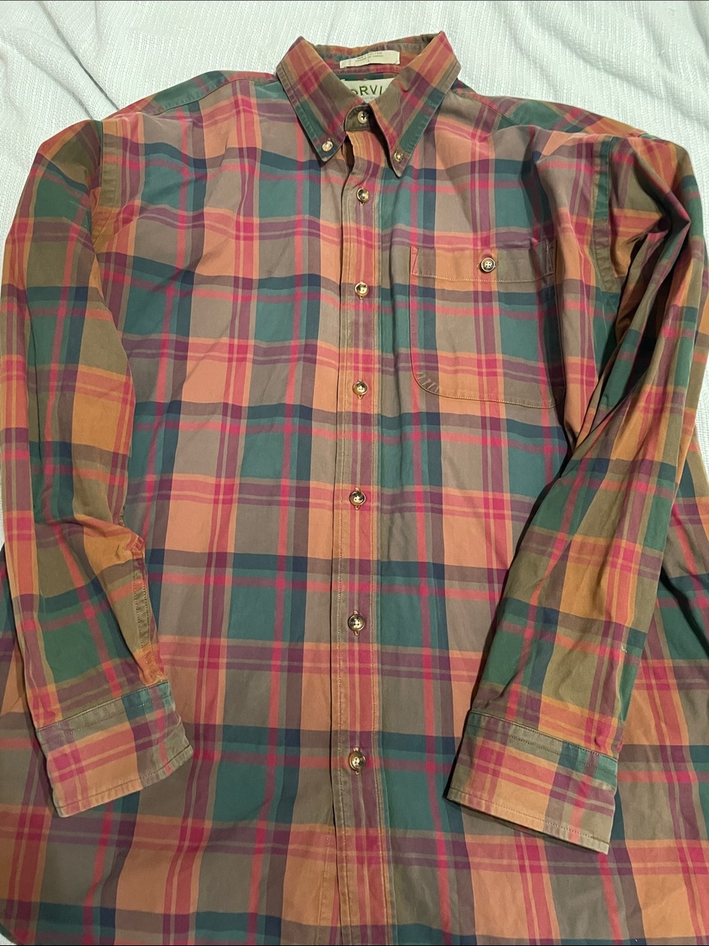 Orvis Men's Plaid Button-Down Shirt in Green, Pink and Tan